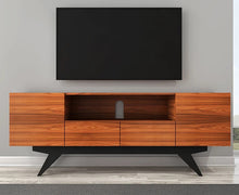 Load image into Gallery viewer, Furnitech FT78PF TV Stand up to 90" TV's in Brazilian Cherry finish with black matte finish legs.