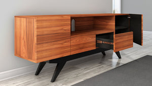 Furnitech FT78PF TV Stand up to 90" TV's in Brazilian Cherry finish with black matte finish legs.