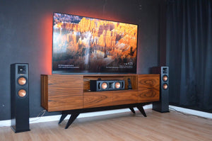 Furnitech FT78PF TV Stand up to 90" TV's in Brazilian Cherry finish with black matte finish legs.