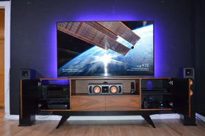 Furnitech FT78PF TV Stand up to 90" TV's in Brazilian Cherry finish with black matte finish legs.