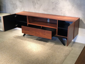 Furnitech FT78PF TV Stand up to 90" TV's in Brazilian Cherry finish with black matte finish legs.