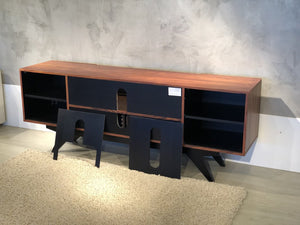 Furnitech FT78PF TV Stand up to 90" TV's in Brazilian Cherry finish with black matte finish legs.