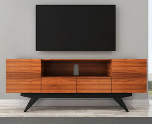 Furnitech FT78PF TV Stand up to 90" TV's in Brazilian Cherry finish with black matte finish legs.